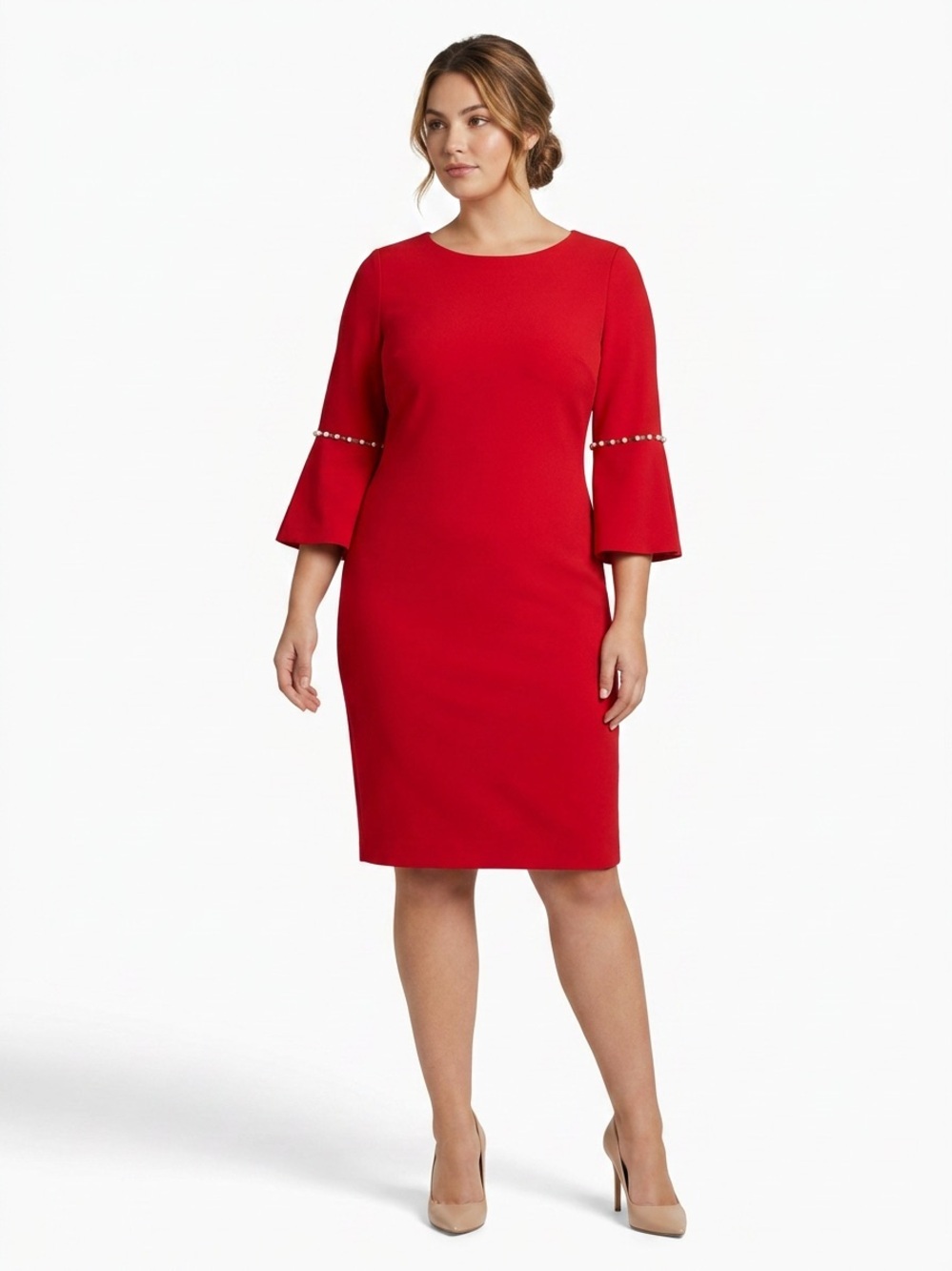 Calvin Klein Red 3/4 Bell-Sleeve Pearl Trim Sheath Dress Sz 8 knee length office